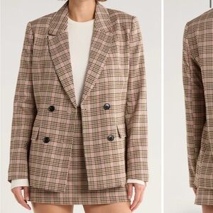 French Connection pink and tan plaid blazer